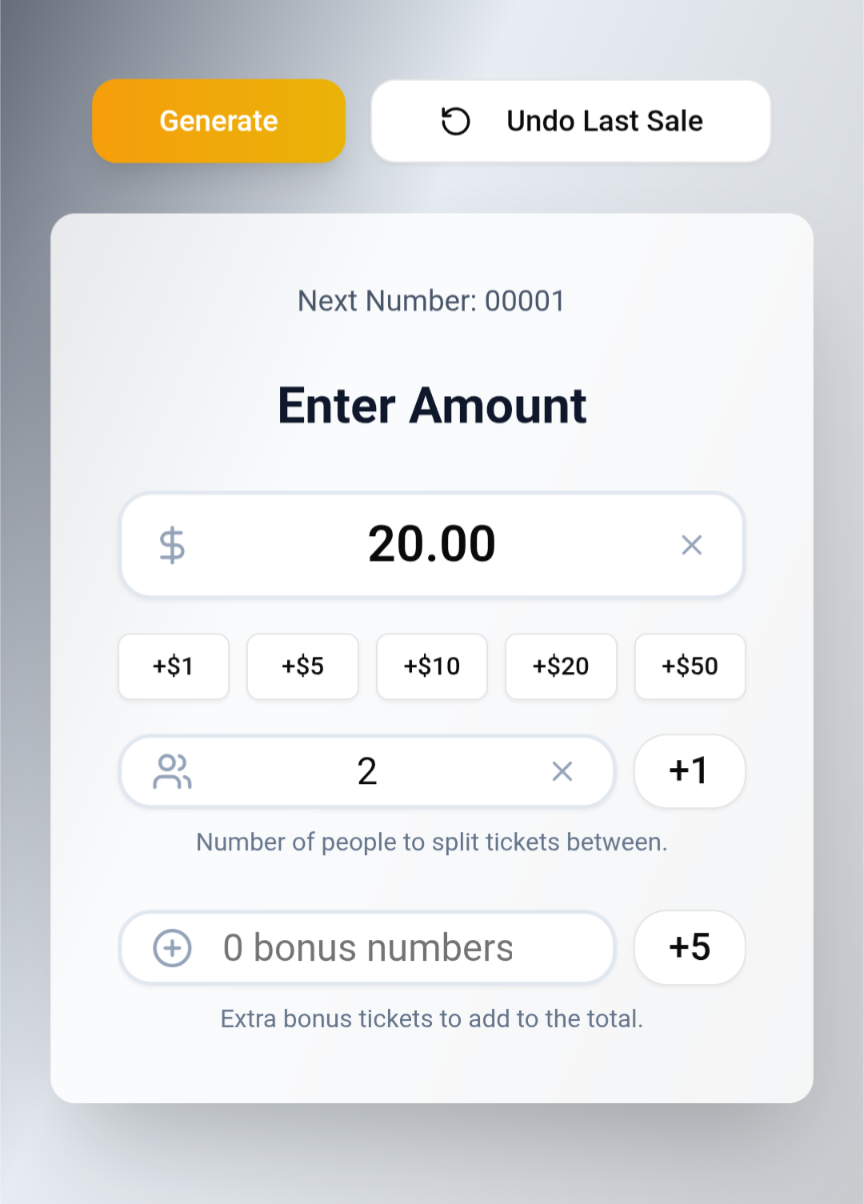 Selling raffle tickets screen